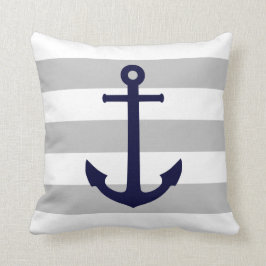 Blauer Navy Anchor auf grauen und weißen Streifen Kissen