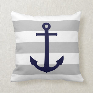 Blauer Navy Anchor auf grauen und weißen Streifen Kissen
