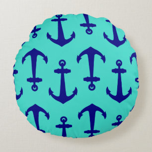 Blauer Navy Anchor im türkisfarbenen Küstendekor Rundes Kissen