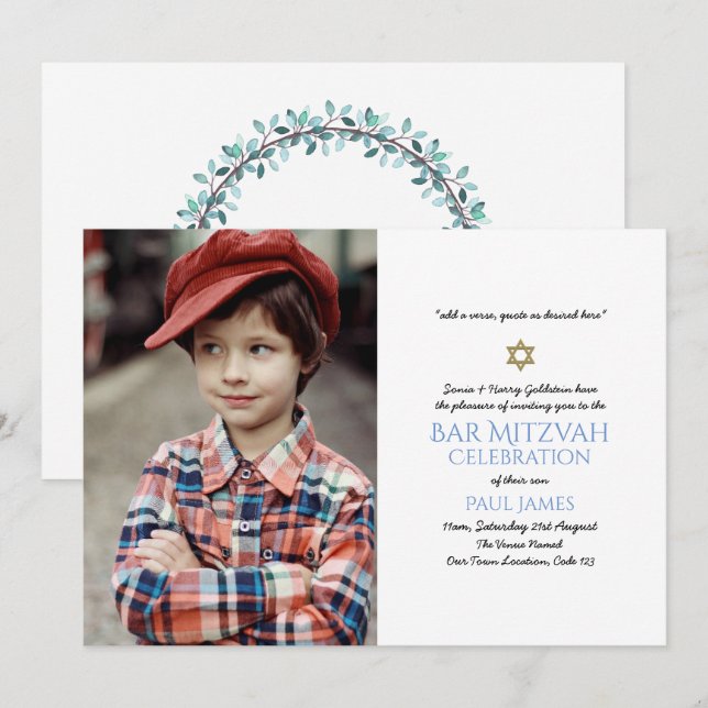 Blauer Navy Bar Mitzvah Einladungen Elegante Blume (Vorne/Hinten)