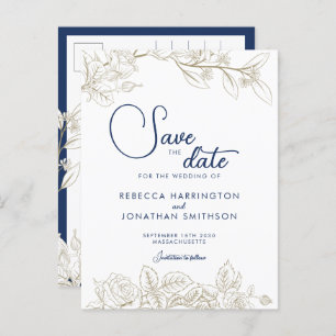 Blauer Navy Blue Gold Hochzeit rettet das Datum Postkarte