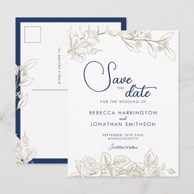 Blauer Navy Blue Gold Hochzeit rettet das Datum Postkarte (Vorne/Hinten)