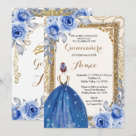 Blauer Navy Blumen Gold Quinceanera Einladung