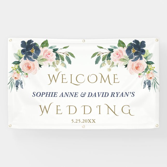 Blauer Navy Blush Blume Begrüßungszeichen Banner (Horizontal)