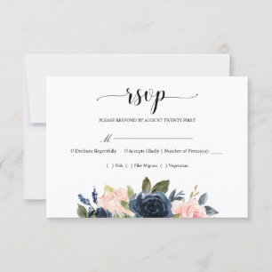Blauer Navy Blush Pink Floral Blossom Hochzeit RSV RSVP Karte