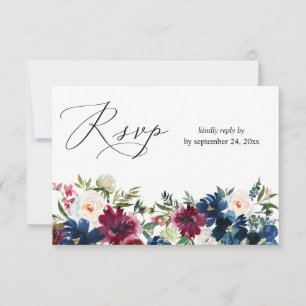 Blauer Navy, Burgund & Weiße Flora mit Mahlzeiten RSVP Karte