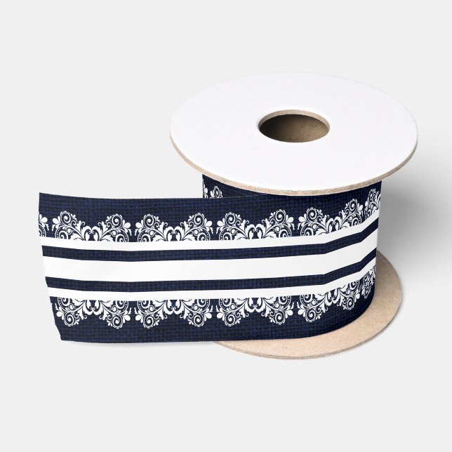 Blauer Navy Burlap mit weißen Imitaten Lace Satinband (Spule)