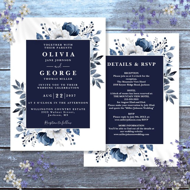 Blauer Navy Elegant Blumen in einer Hochzeit Einladung (Navy Blue Elegant Floral All In One Wedding Invitation)