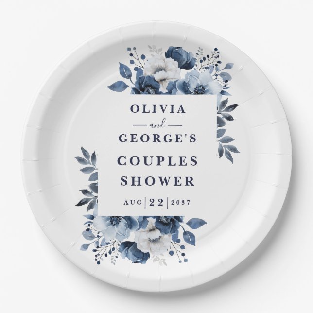 Blauer Navy Elegant Country Floral Couples Dusche Pappteller (Vorderseite)