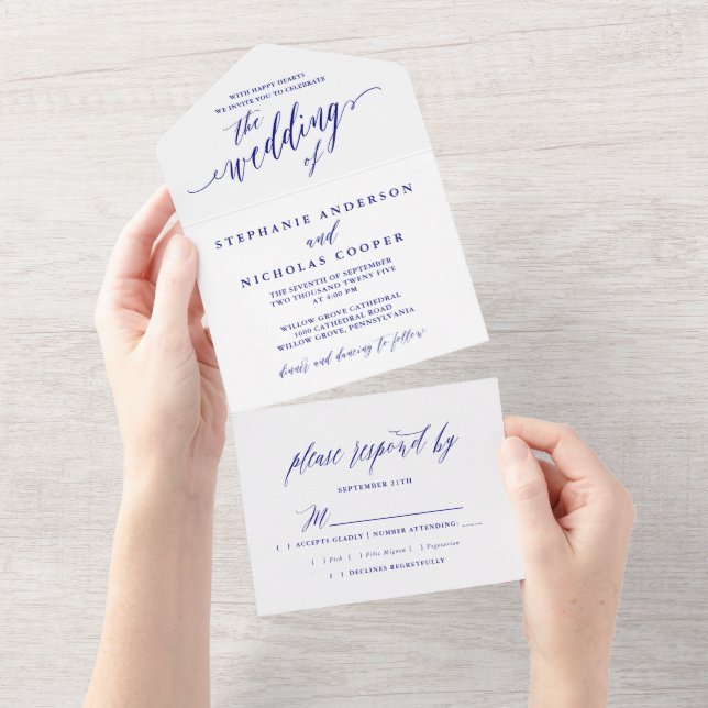 Blauer Navy Elegante Script-Einladung All In One Einladung (Abreißen)
