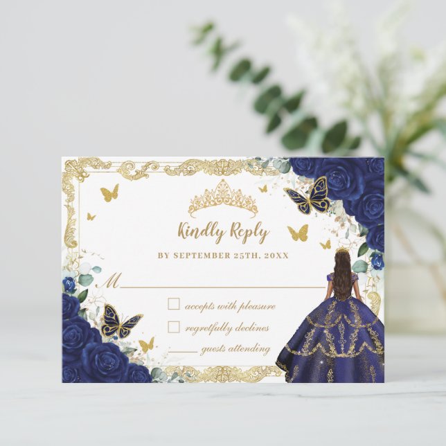 Blauer Navy Floral Quinceañera Princess Crown Gold RSVP Karte (Stehend Vorderseite)