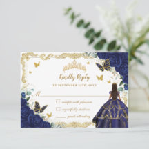 Blauer Navy Floral Quinceañera Princess Crown Gold