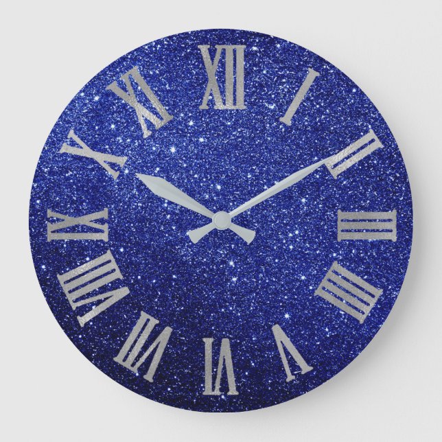 Blauer Navy Glitzer Silver GrayMetallische römisch Große Wanduhr (Vorderseite)