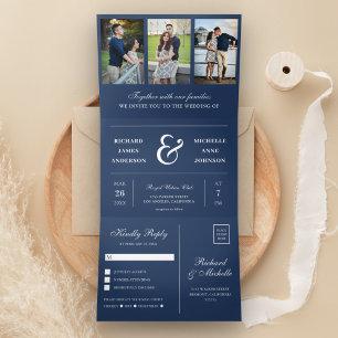 Blauer Navy Minimal 3 in 1 Foto Collage Hochzeit Dreifach Gefaltete Einladung