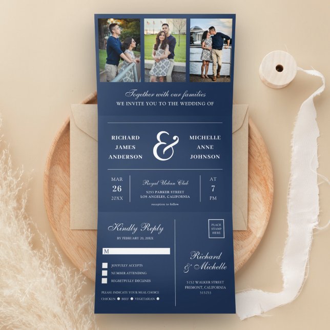 Blauer Navy Minimal 3 in 1 Foto Collage Hochzeit Dreifach Gefaltete Einladung (Von Creator hochgeladen)