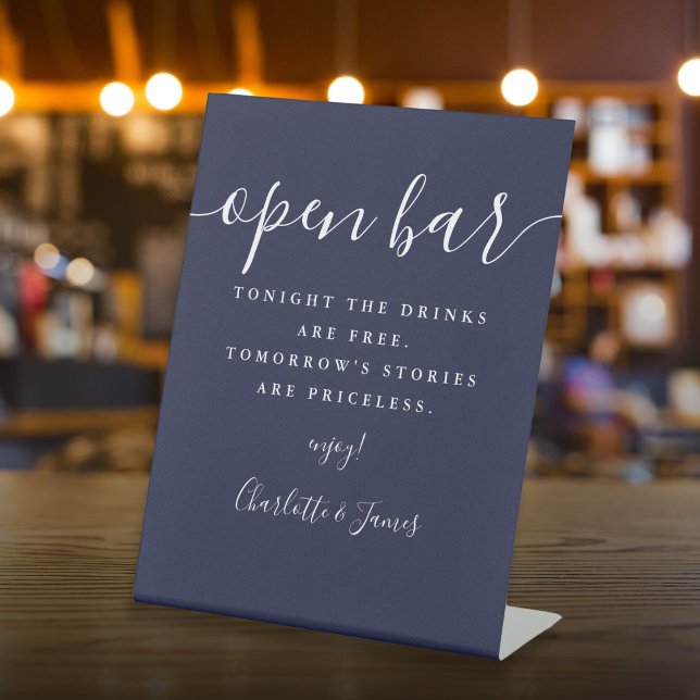 Blauer Navy Signature Script Open Bar Sockelschild (Navy Blue Signature Script Open Bar Pedestal Sign)