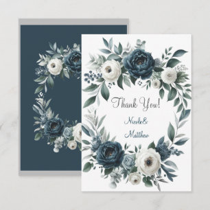 Blauer Navy & Silver Elfenbeinblume Hochzeit Dankeskarte