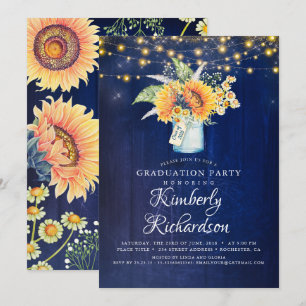 Blauer Navy Sonnenblumen Rustikaler Fall Abschluss Einladung