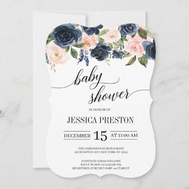 Blauer Navy und Blush Pink Blumenschreiber Kinderd Einladung (Vorderseite)