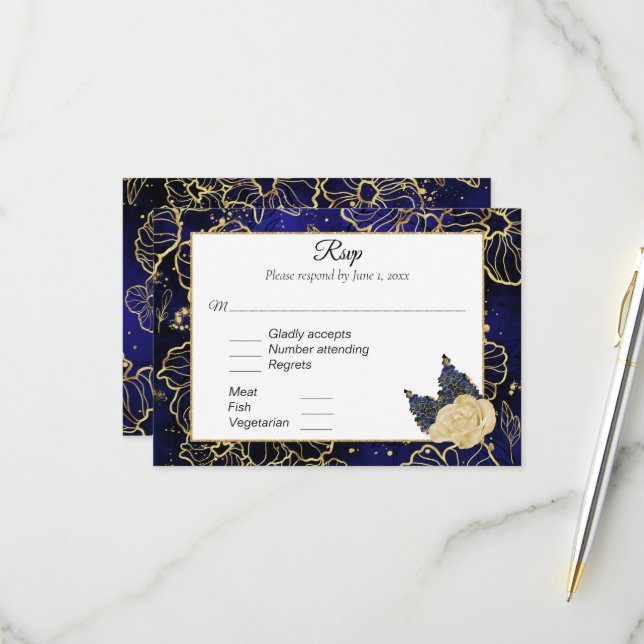 Blauer Navy und Gold Floral UAWG RSVP Karte (Vorderseite/Rückseite Beispiel)