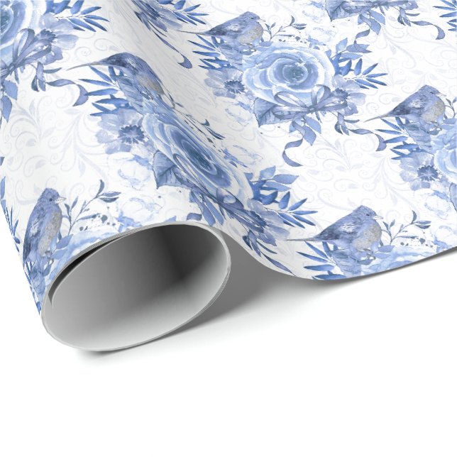 Blauer Navy und Weiße Rosen Geschenkpapier (Rolleneckpunkt)