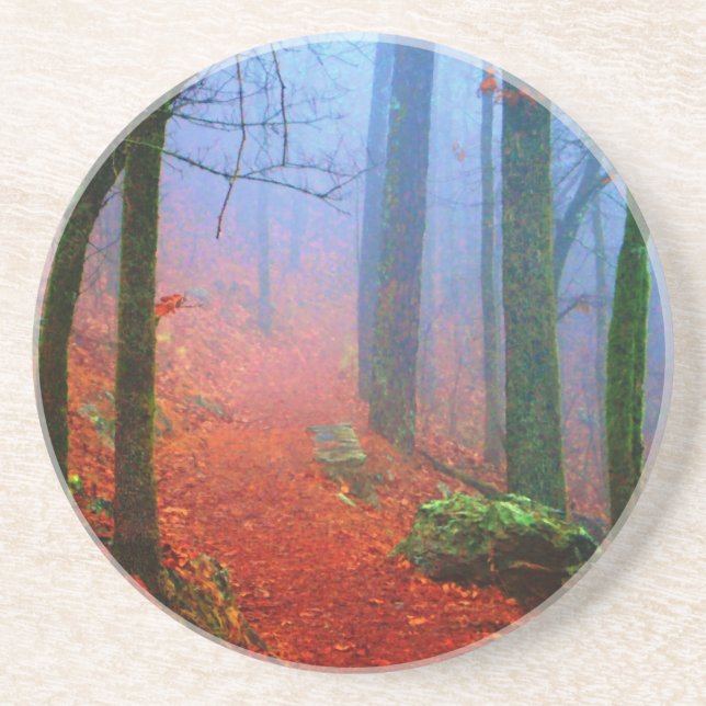 Blauer Nebel in gestrichenem Wald Sandstein Untersetzer (Vorne)