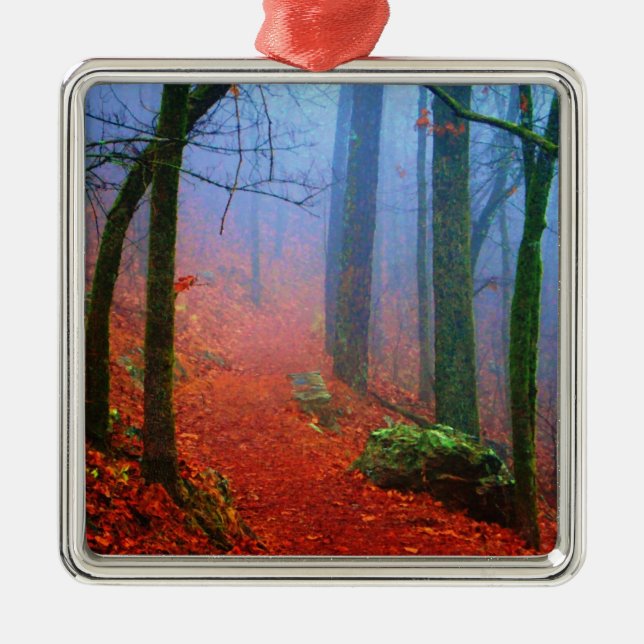 Blauer Nebel in gestrichenem Wald Silbernes Ornament (Vorne)