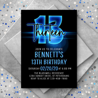 Blauer Neon 13. Geburtstag Einladung
