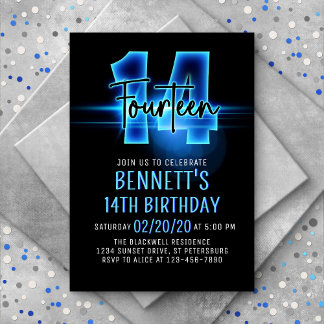 Blauer Neon 14. Geburtstag Einladung