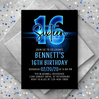 Blauer Neon 16. Geburtstag Einladung