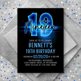 Blauer Neon 19. Geburtstag Einladung