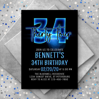 Blauer Neon 34. Geburtstag Einladung