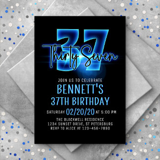 Blauer Neon 37. Geburtstag Einladung