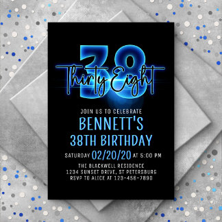 Blauer Neon 38. Geburtstag Einladung