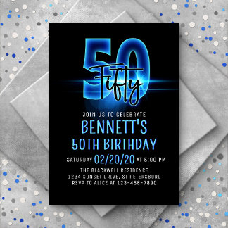 Blauer Neon 50. Geburtstag Einladung