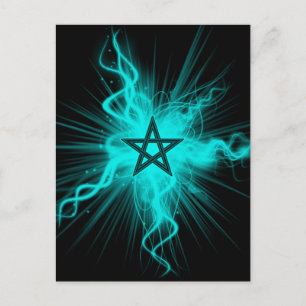 Blauer Neon Glows Pentagram - Heidensymbol Postkarte