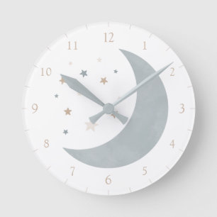 Blauer neutraler Wasserfarbenfroher Mond und Stern Runde Wanduhr