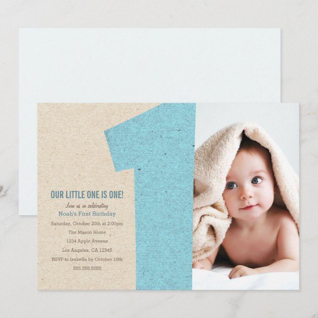 Blauer Nummer Eins erste Geburtstagsparty Einladun Einladung (Vorne/Hinten)