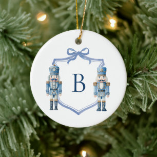 Blauer Nussknacker-Monogramm-Wappen Weihnachten Keramik Ornament