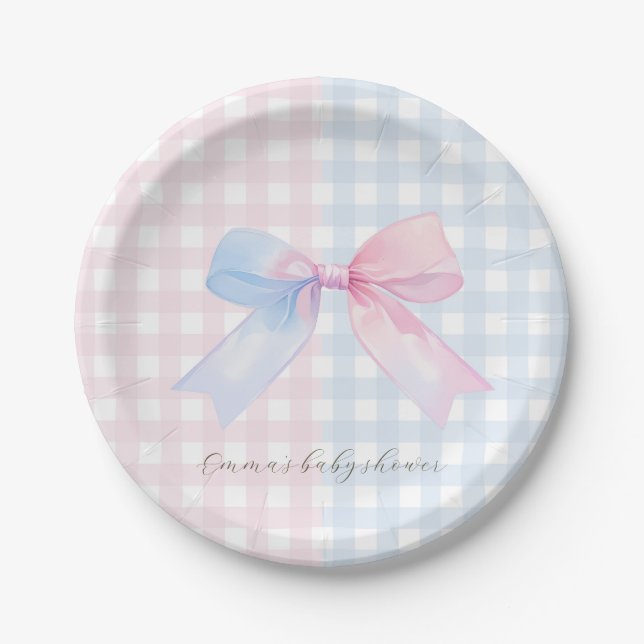 Blauer oder rosa Gingham Bow Gender Reveal Baby Sh Pappteller (Vorderseite)