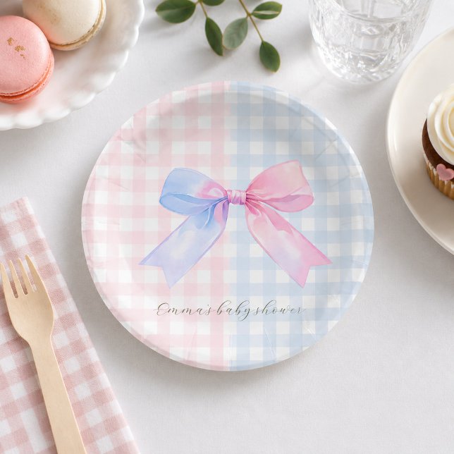 Blauer oder rosa Gingham Bow Gender Reveal Baby Sh Pappteller (Von Creator hochgeladen)