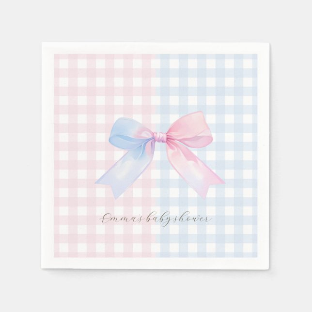 Blauer oder rosa Gingham Bow Gender Reveal Baby Sh Serviette (Vorderseite)