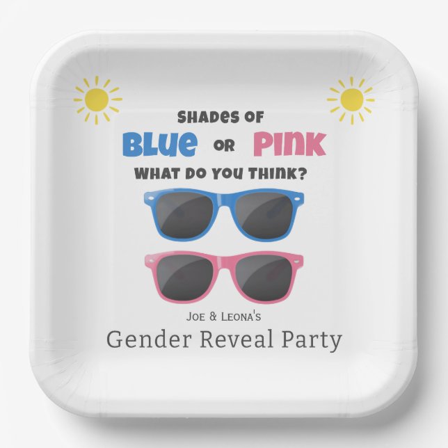 Blauer oder rosa Sonnenbrille Sommergenderenthüllu Pappteller (Vorderseite)