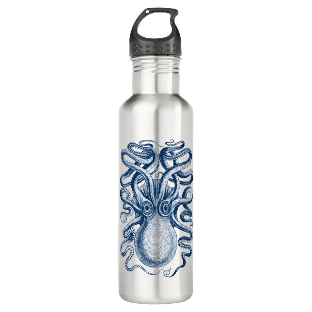 Blauer Oktopus Graphischer Vintager Zeichn Edelstahlflasche (Vorderseite)