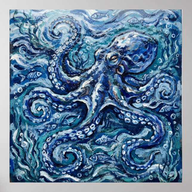 Blauer Oktopus Meer Leben Poster (Vorne)