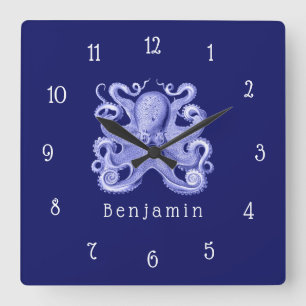 Blauer Oktopus-Nautischer Küstenstrand-Hausname Quadratische Wanduhr