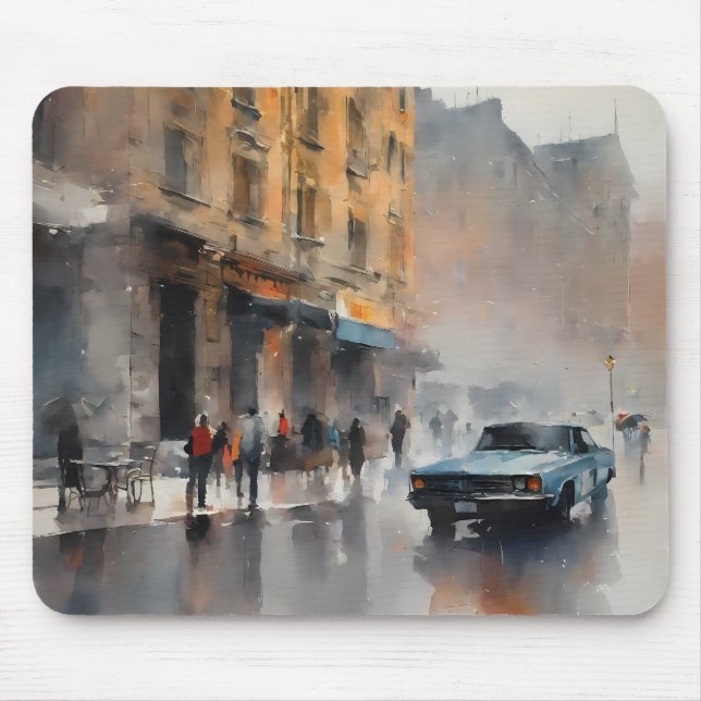 Blauer Oldtimer in nebliger Stadtlandschaft Mousepad (Vorne)