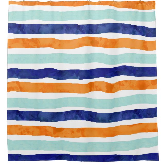Blauer orange Aquarell-Streifen-Duschvorhang Duschvorhang (Vorderseite)