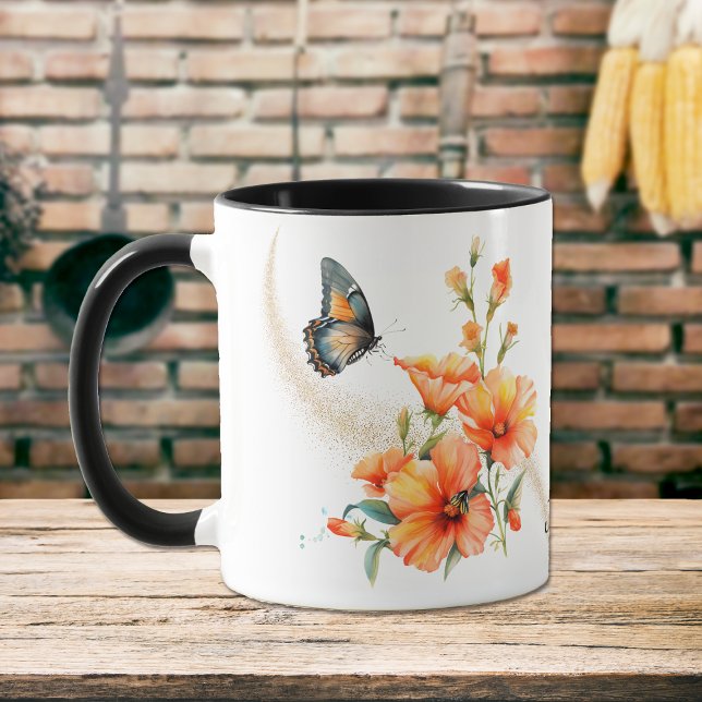 Blauer Orange Poppy Floral Butterfly Tasse (Von Creator hochgeladen)