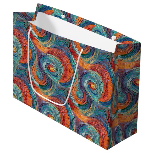 Blauer Orange Swirl Große Geschenktüte (Vorderseite Schrägansicht)